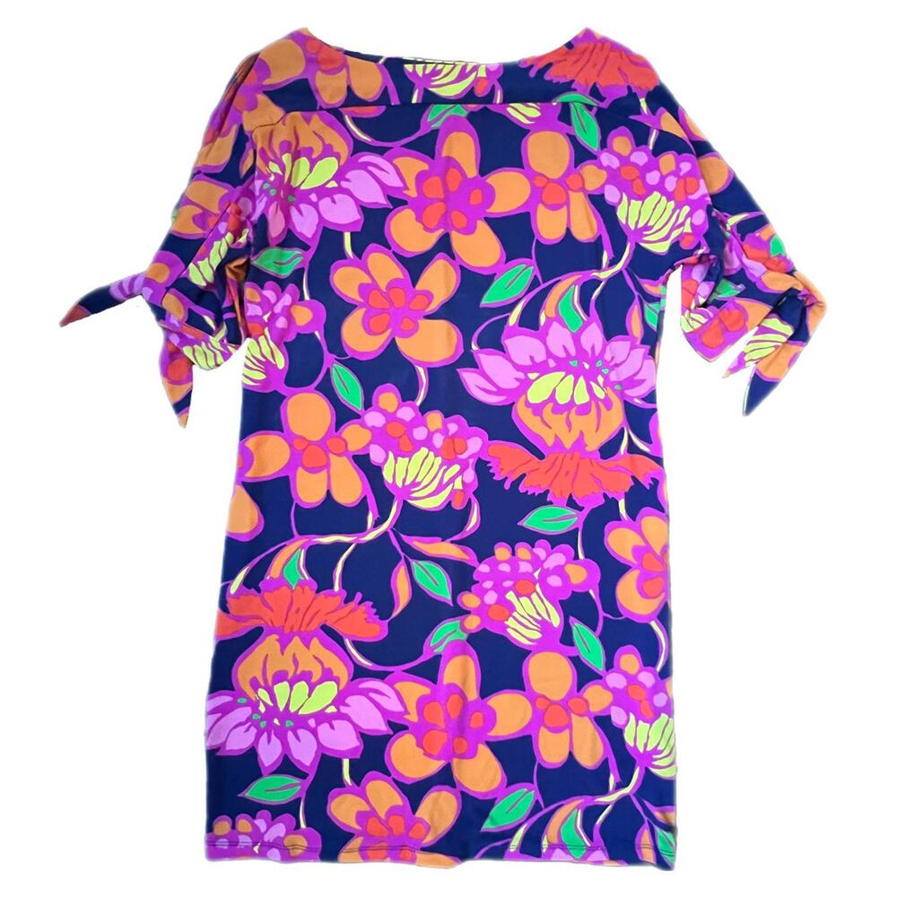 Trina Turk Floral Shift Dress Navy Pink Orange Tie Sleeve‎ Size M